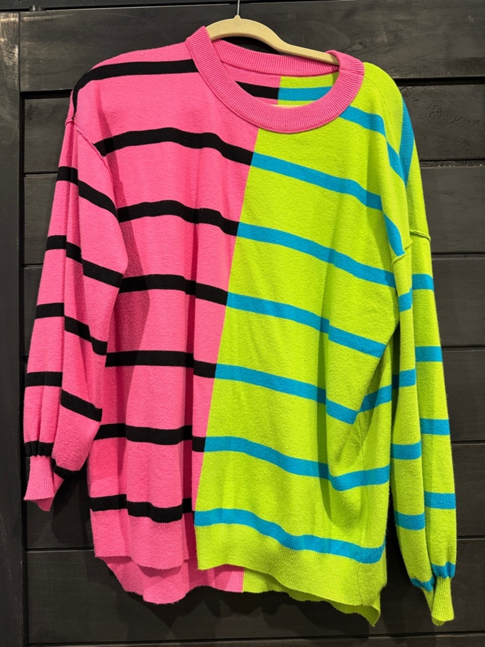 Colorblock Striped Oversized Sweater - Pink & Neon Green